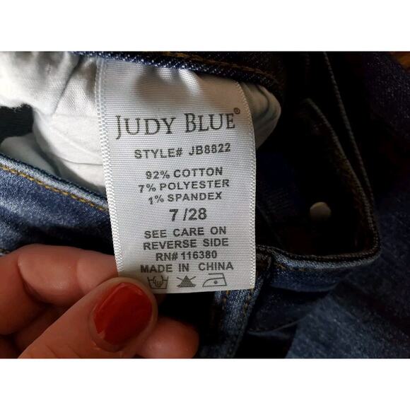 Judy Blue 7/28 MID Rise Skinny Jeans Blue Distressed FRAY RAW Hems Stretch - Picture 8 of 13
